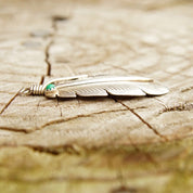 Vintage Signed E. Yazzie Sterling Silver Turquoise Bead Feather Pendant, Native American, Engraved 925 Silver, Small Green Stone, 1 7/8" L