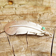 Vintage Signed E. Yazzie Sterling Silver Turquoise Bead Feather Pendant, Native American, Engraved 925 Silver, Small Green Stone, 1 7/8" L