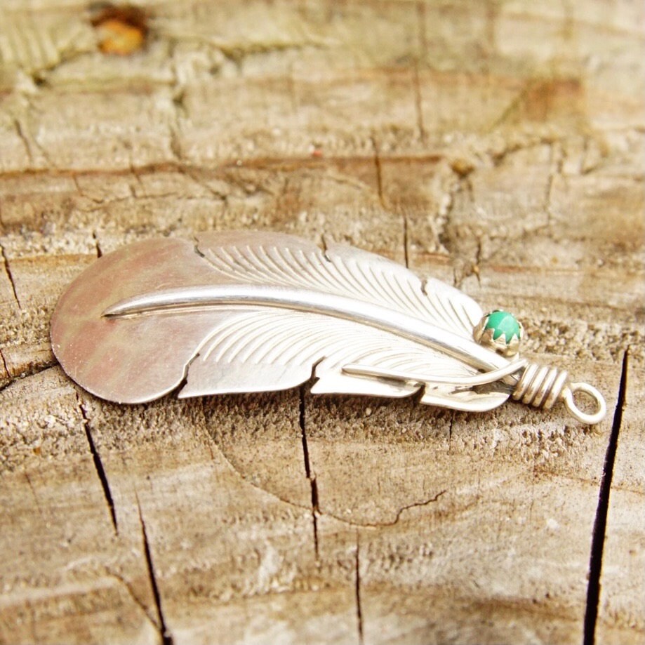 Vintage Signed E. Yazzie Sterling Silver Turquoise Bead Feather Pendant, Native American, Engraved 925 Silver, Small Green Stone, 1 7/8" L