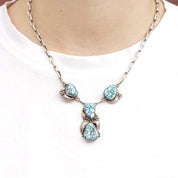 Vintage Signed Tom Willeto Sterling Silver & Turquoise Necklace, Multi-Stone Turquoise Y-Pendant, Adjustable Long Link Cable Chain