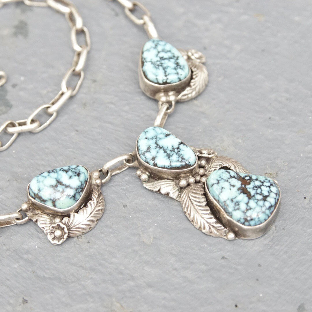 Vintage Signed Tom Willeto Sterling Silver & Turquoise Necklace, Multi-Stone Turquoise Y-Pendant, Adjustable Long Link Cable Chain