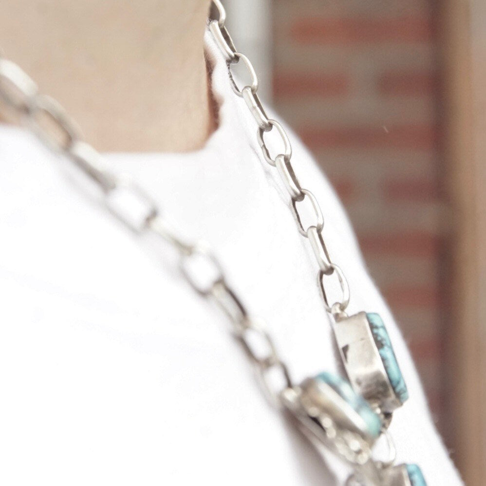 Vintage Signed Tom Willeto Sterling Silver & Turquoise Necklace, Multi-Stone Turquoise Y-Pendant, Adjustable Long Link Cable Chain