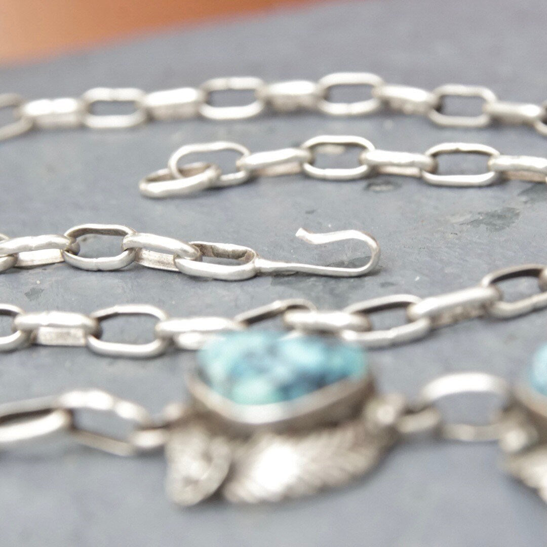 Vintage Signed Tom Willeto Sterling Silver & Turquoise Necklace, Multi-Stone Turquoise Y-Pendant, Adjustable Long Link Cable Chain