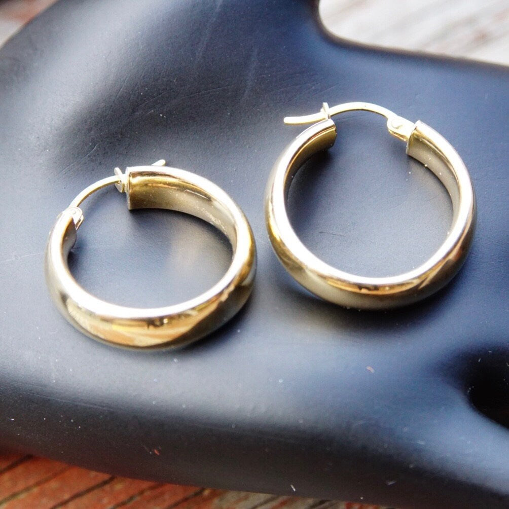 Vintage 14K Yellow Gold Hoop Earrings, Signed Sakes Fifth Avenue, Petite Gold Latch Back Hoops, Classic Gold Earrings, 1 1/2" Long