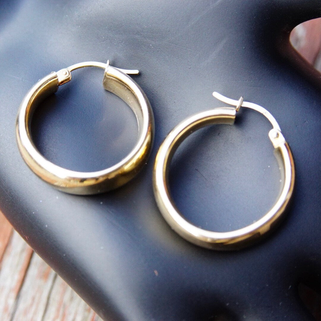 Vintage 14K Yellow Gold Hoop Earrings, Signed Sakes Fifth Avenue, Petite Gold Latch Back Hoops, Classic Gold Earrings, 1 1/2" Long