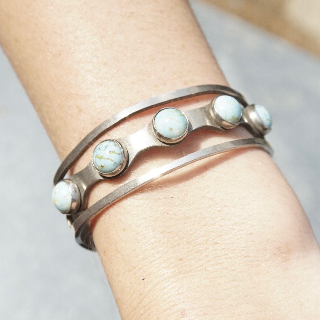 Vintage Modernist Sterling Silver Multi-Stone Turquoise Cuff, Silver Cut Out Cuff, New Mexico Turquoise, Hecho En Mexico 925