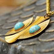 Vintage Signed Moda Handmade Gold Tone Faux Turquoise Pendant Necklace, Modernist Pendant Necklace, Handmade In Malta, 24 3/4" Long
