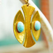 Vintage Signed Moda Handmade Gold Tone Faux Turquoise Pendant Necklace, Modernist Pendant Necklace, Handmade In Malta, 24 3/4" Long