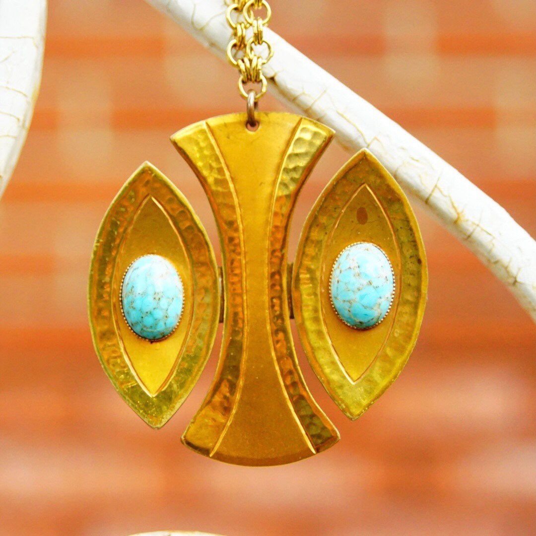 Vintage Signed Moda Handmade Gold Tone Faux Turquoise Pendant Necklace, Modernist Pendant Necklace, Handmade In Malta, 24 3/4" Long