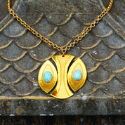 Vintage Signed Moda Handmade Gold Tone Faux Turquoise Pendant Necklace, Modernist Pendant Necklace, Handmade In Malta, 24 3/4" Long