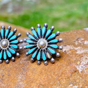 Vintage Zuni Native American Turquoise Needlepoint Earrings, Flower Disc Stud Earrings, Turquoise Cluster Earrings, 7/8