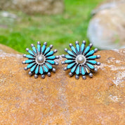 Vintage Zuni Native American Turquoise Needlepoint Earrings, Flower Disc Stud Earrings, Turquoise Cluster Earrings, 7/8