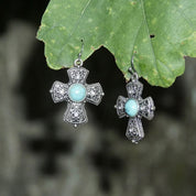 Vintage Silver Faux Turquoise Cross Dangle Earrings, Accent Crystals, Ornate Filigree Cross, New Mexico Turquoise, Fish Hooks, 1 3/4 L