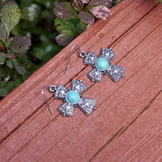 Vintage Silver Faux Turquoise Cross Dangle Earrings, Accent Crystals, Ornate Filigree Cross, New Mexico Turquoise, Fish Hooks, 1 3/4 L