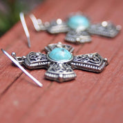 Vintage Silver Faux Turquoise Cross Dangle Earrings, Accent Crystals, Ornate Filigree Cross, New Mexico Turquoise, Fish Hooks, 1 3/4 L