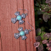 Vintage Silver Faux Turquoise Cross Dangle Earrings, Accent Crystals, Ornate Filigree Cross, New Mexico Turquoise, Fish Hooks, 1 3/4 L