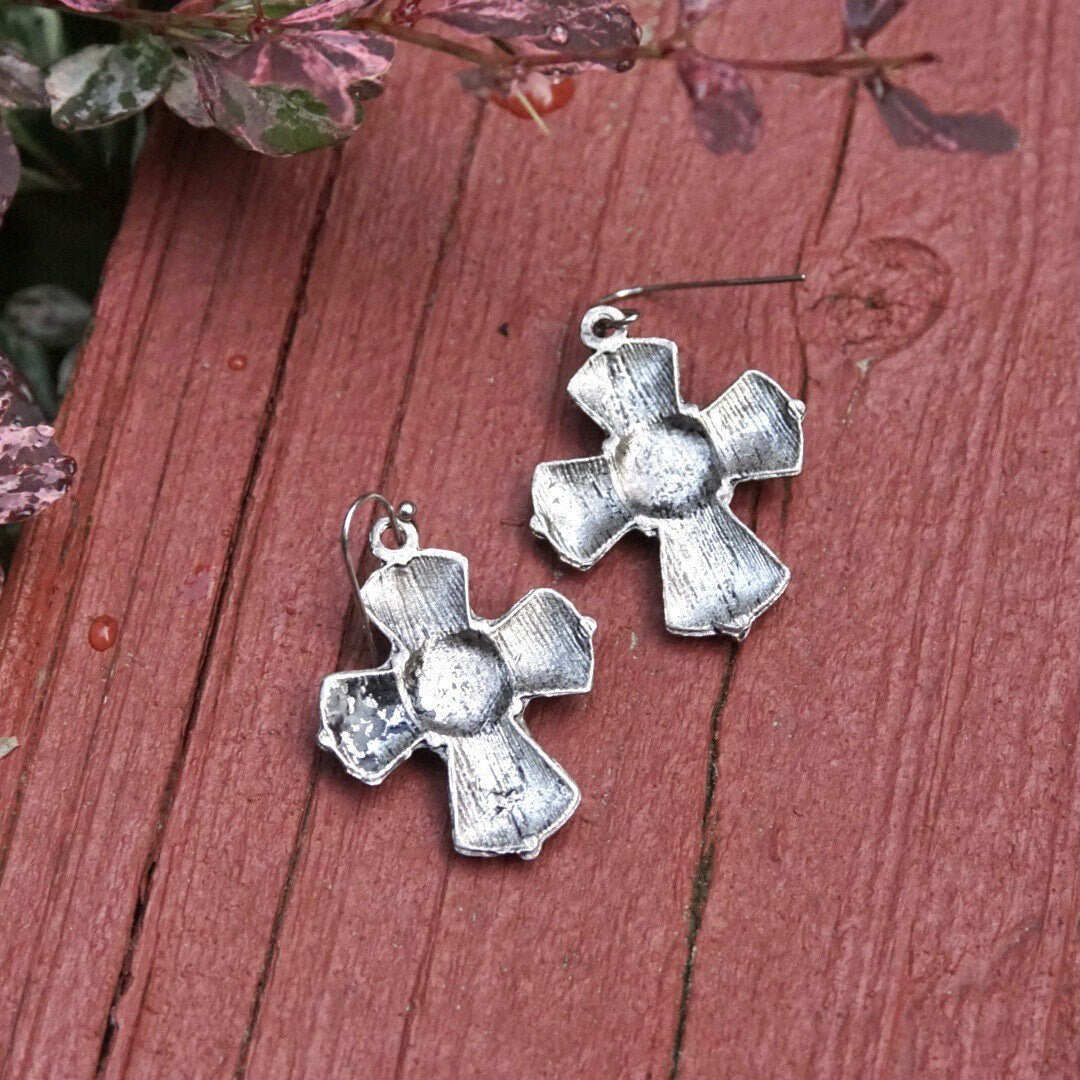 Vintage Silver Faux Turquoise Cross Dangle Earrings, Accent Crystals, Ornate Filigree Cross, New Mexico Turquoise, Fish Hooks, 1 3/4 L