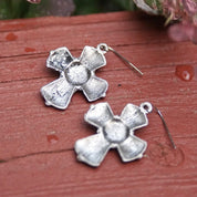 Vintage Silver Faux Turquoise Cross Dangle Earrings, Accent Crystals, Ornate Filigree Cross, New Mexico Turquoise, Fish Hooks, 1 3/4 L