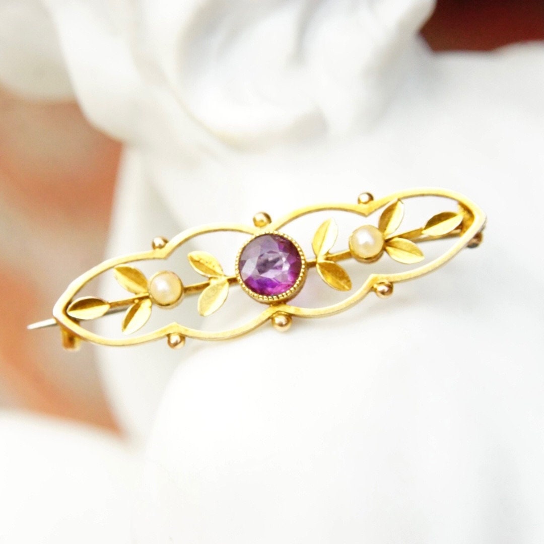 Antique Victorian 14K Gold Amethyst Seed Pearl Bar Pin, Ornate Yellow Gold Brooch, Brilliant Amethyst Gemstone, Accent Pearl Seeds, 1 1/2" L