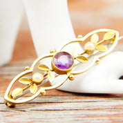 Antique Victorian 14K Gold Amethyst Seed Pearl Bar Pin, Ornate Yellow Gold Brooch, Brilliant Amethyst Gemstone, Accent Pearl Seeds, 1 1/2" L