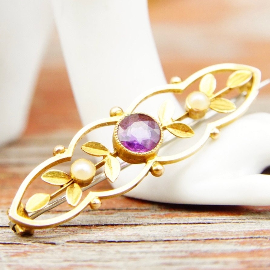 Antique Victorian 14K Gold Amethyst Seed Pearl Bar Pin, Ornate Yellow Gold Brooch, Brilliant Amethyst Gemstone, Accent Pearl Seeds, 1 1/2" L