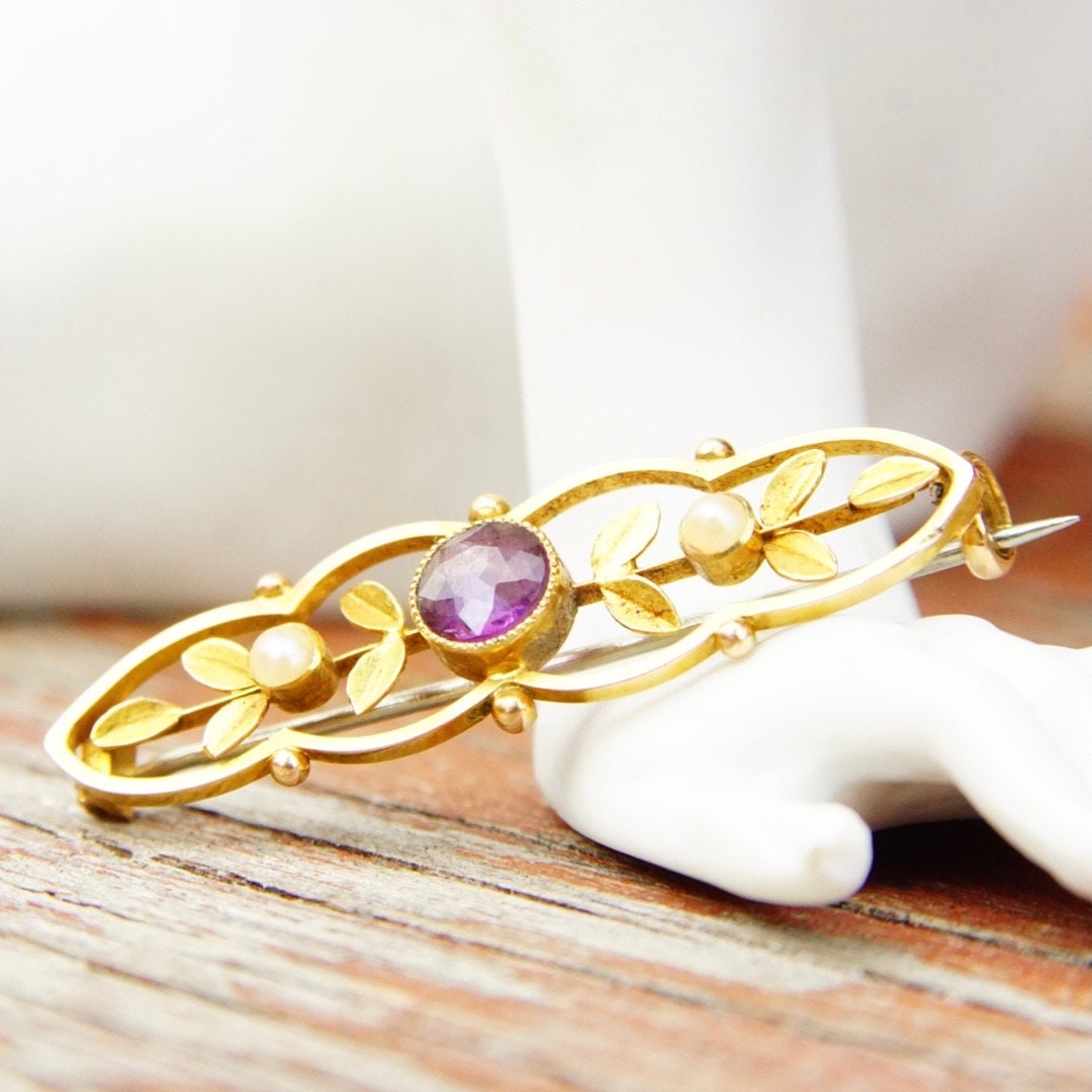 Antique Victorian 14K Gold Amethyst Seed Pearl Bar Pin, Ornate Yellow Gold Brooch, Brilliant Amethyst Gemstone, Accent Pearl Seeds, 1 1/2" L