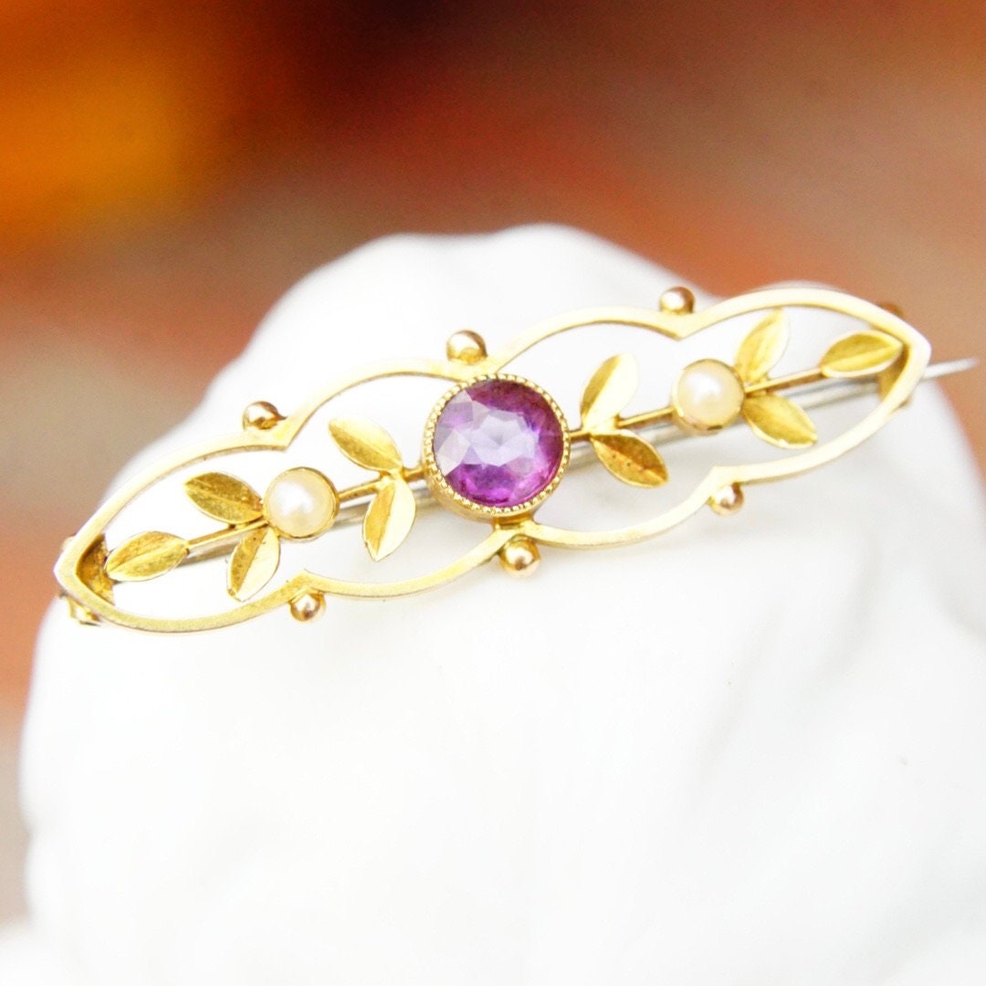 Antique Victorian 14K Gold Amethyst Seed Pearl Bar Pin, Ornate Yellow Gold Brooch, Brilliant Amethyst Gemstone, Accent Pearl Seeds, 1 1/2" L