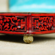 Antique Chinese Carved Cinnabar Enamel Hinge Box W/ Lid, Intricately Carved Figural Landscape, Flora/Fauna Motifs, 4" W x 3.5" D x 2" H