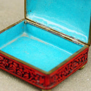 Antique Chinese Carved Cinnabar Enamel Hinge Box W/ Lid, Intricately Carved Figural Landscape, Flora/Fauna Motifs, 4" W x 3.5" D x 2" H