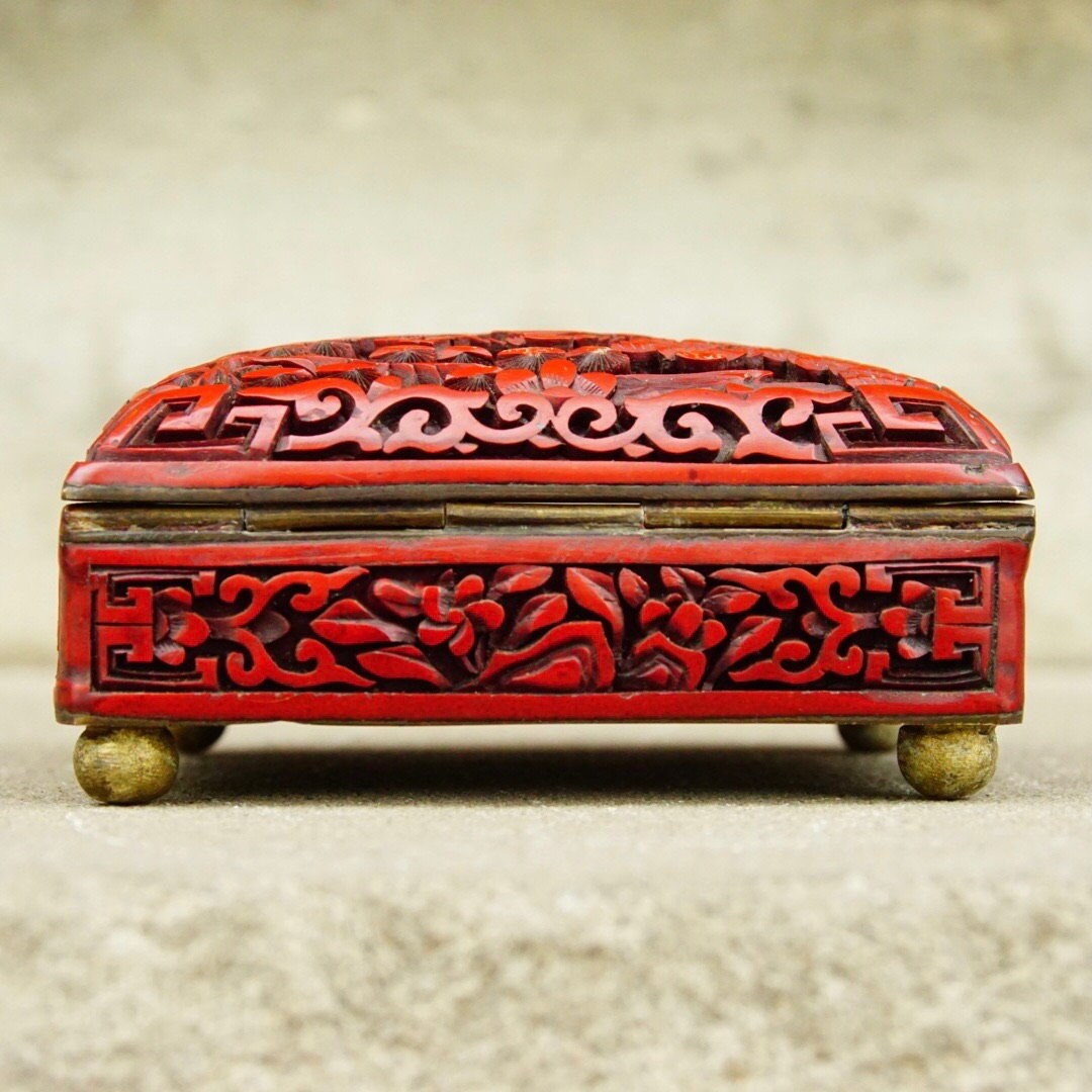 Antique Chinese Carved Cinnabar Enamel Hinge Box W/ Lid, Intricately Carved Figural Landscape, Flora/Fauna Motifs, 4" W x 3.5" D x 2" H