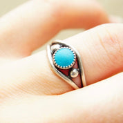Vintage Sterling Silver Turquoise Ring, Minimalist Silver Cutout Ring, Blue Gemstone, Accent Silver Beads, 925 Jewelry, Size 7 3/4 US