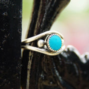 Vintage Sterling Silver Turquoise Ring, Minimalist Silver Cutout Ring, Blue Gemstone, Accent Silver Beads, 925 Jewelry, Size 7 3/4 US
