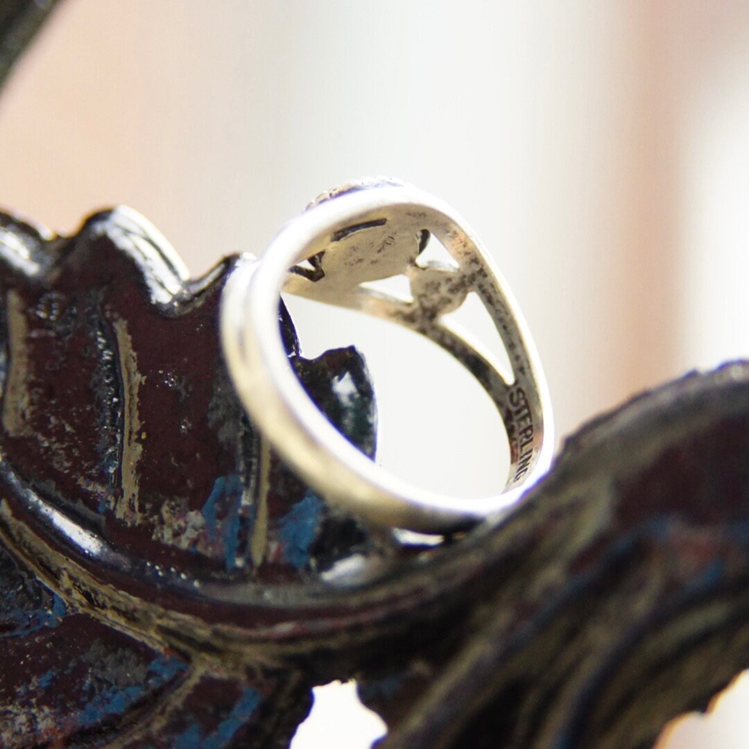 Vintage Sterling Silver Turquoise Ring, Minimalist Silver Cutout Ring, Blue Gemstone, Accent Silver Beads, 925 Jewelry, Size 7 3/4 US