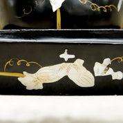 Vintage Japanese Black Lacquer Mother Of Pearl Inlay Melon Box, Inlaid Vine Scroll Design, Iridescent Shell, Oval Box With Lid, 7" L