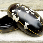Vintage Japanese Black Lacquer Mother Of Pearl Inlay Melon Box, Inlaid Vine Scroll Design, Iridescent Shell, Oval Box With Lid, 7" L