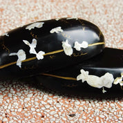 Vintage Japanese Black Lacquer Mother Of Pearl Inlay Melon Box, Inlaid Vine Scroll Design, Iridescent Shell, Oval Box With Lid, 7" L