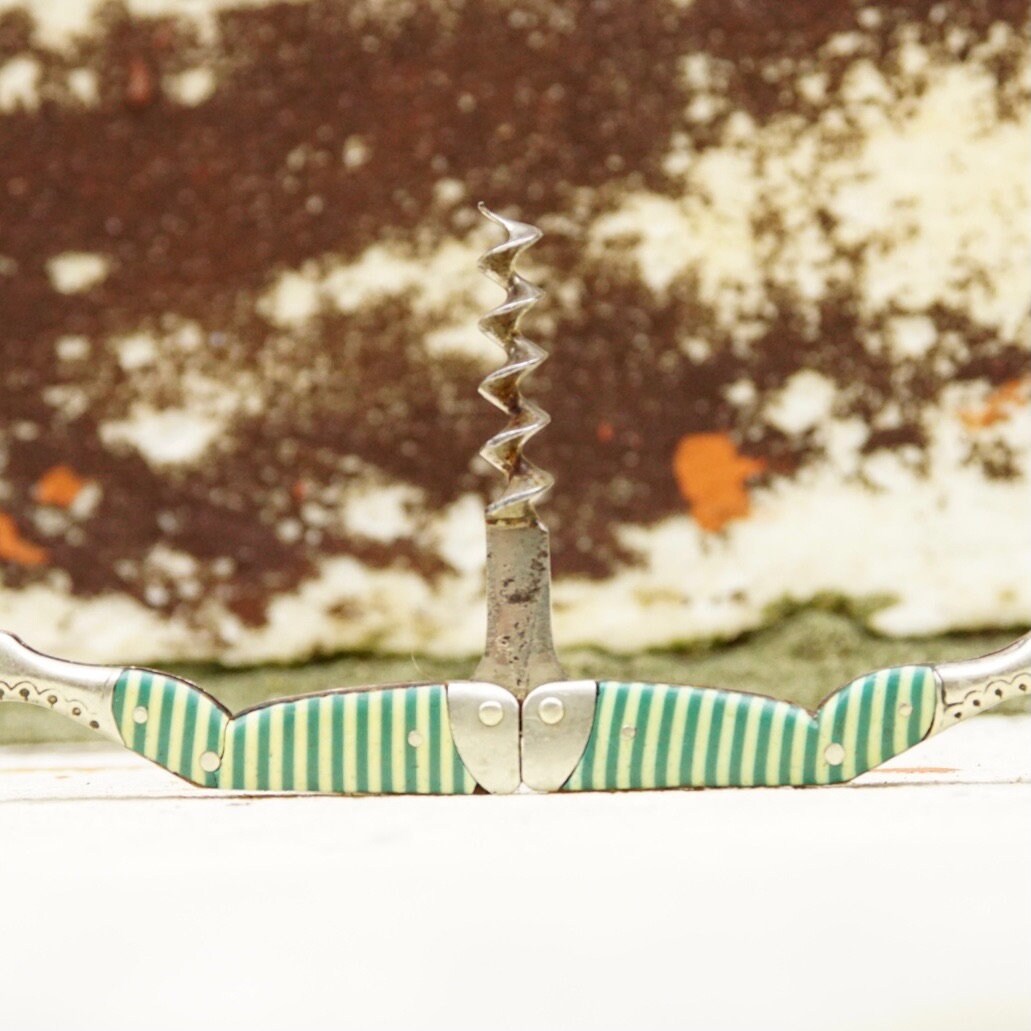 Antique German Ladies Legs Green and White Striped Corkscrew, Signed G & S Germany, Rare Unique Wine Bottle Opener, 2 3/4" Long