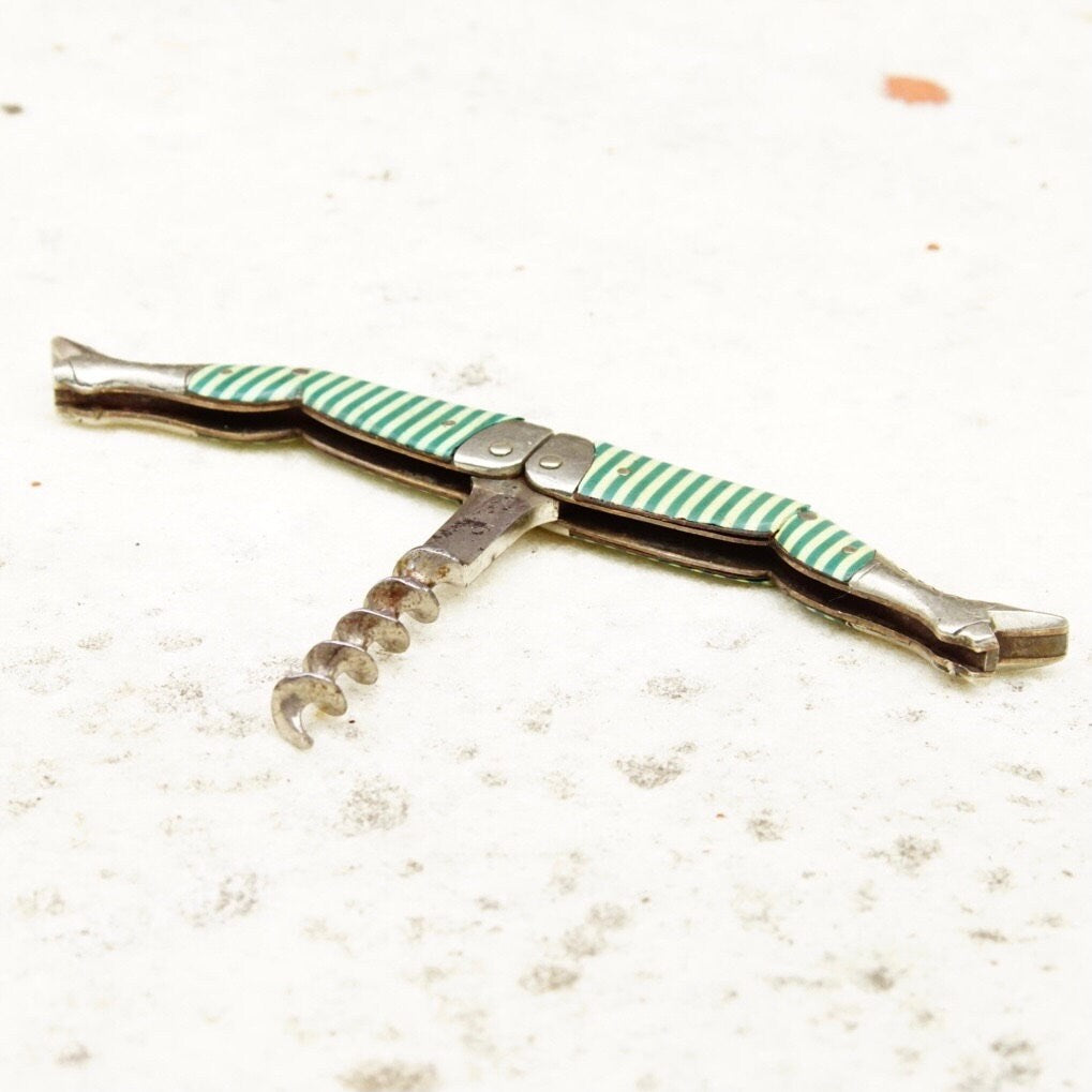Antique German Ladies Legs Green and White Striped Corkscrew, Signed G & S Germany, Rare Unique Wine Bottle Opener, 2 3/4" Long