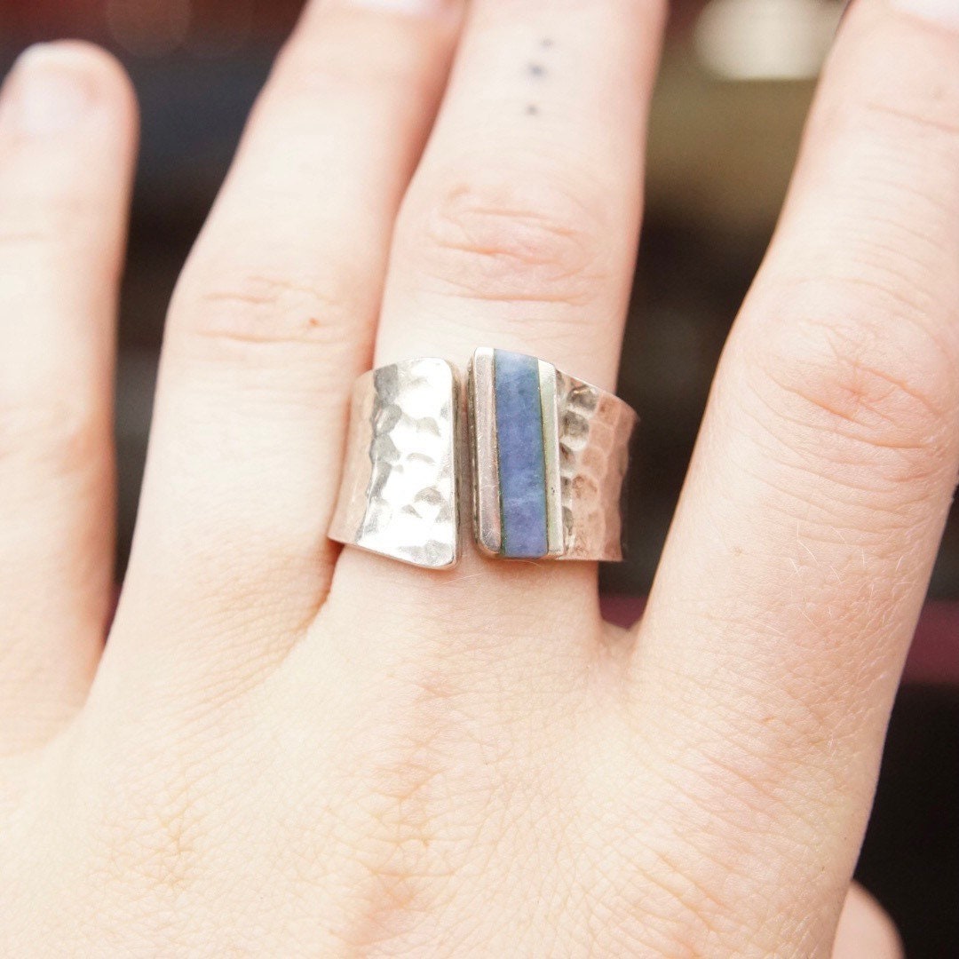 Vintage Hammered Sterling Silver Inlaid Gemstone Ring, Marbled Blue Stone, Textured Silver Cuff Ring, Adjustable, 925 Jewelry