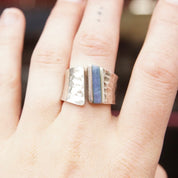 Vintage Hammered Sterling Silver Inlaid Gemstone Ring, Marbled Blue Stone, Textured Silver Cuff Ring, Adjustable, 925 Jewelry