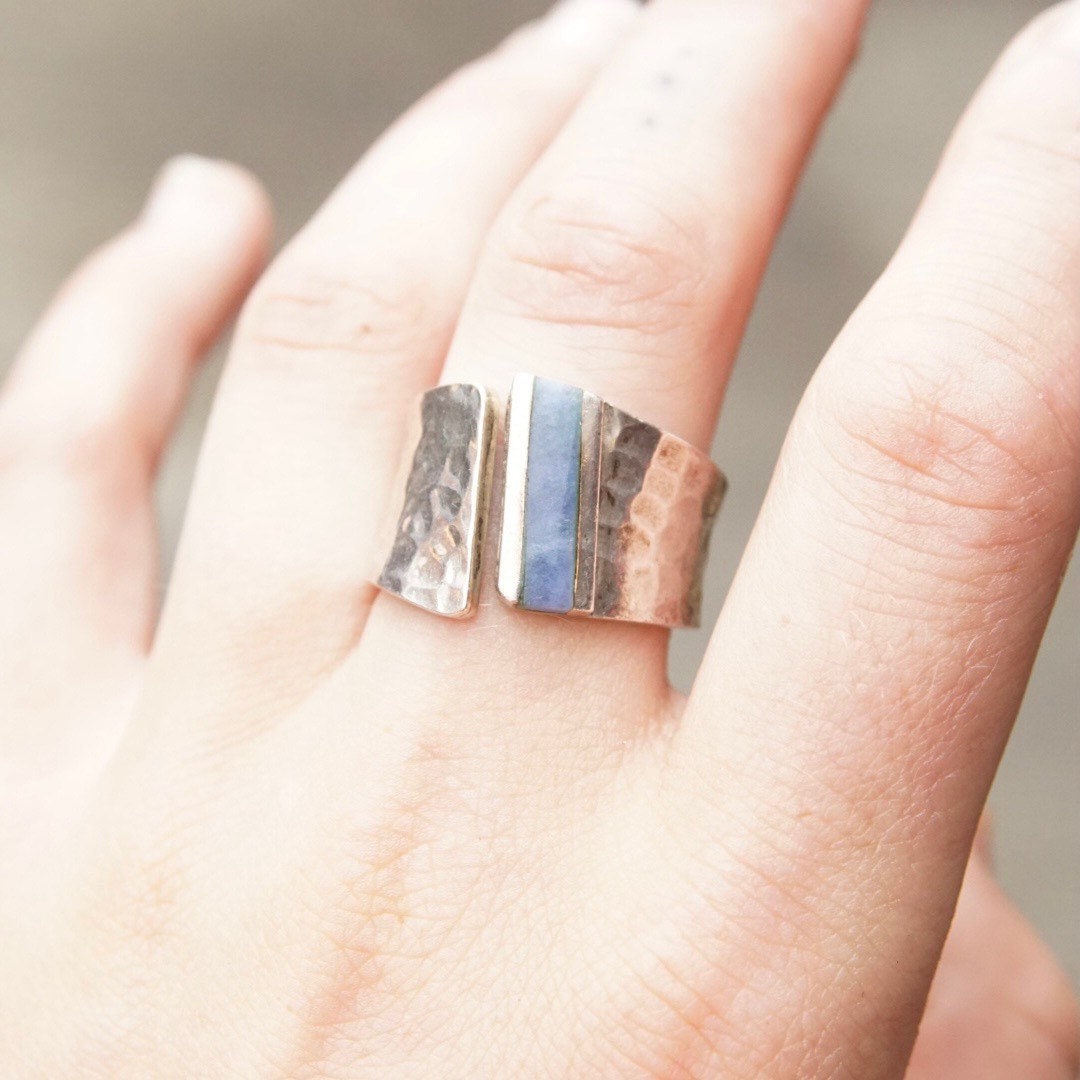Vintage Hammered Sterling Silver Inlaid Gemstone Ring, Marbled Blue Stone, Textured Silver Cuff Ring, Adjustable, 925 Jewelry