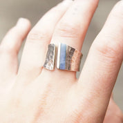 Vintage Hammered Sterling Silver Inlaid Gemstone Ring, Marbled Blue Stone, Textured Silver Cuff Ring, Adjustable, 925 Jewelry