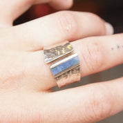 Vintage Hammered Sterling Silver Inlaid Gemstone Ring, Marbled Blue Stone, Textured Silver Cuff Ring, Adjustable, 925 Jewelry
