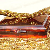 Vintage Beaded Bakelite Box Purse, Shimmering Brown Beads, Marbled Red/Brown Bakelite Lid, Matching Top Handle, Structured Handbag