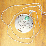 Vintage Israel 925 Turquoise Menorah Pendant Necklace, Modernist Silver Cut Out Pendant, Disc Pendant With Prong Set Stone, 23" Long
