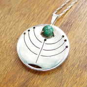 Vintage Israel 925 Turquoise Menorah Pendant Necklace, Modernist Silver Cut Out Pendant, Disc Pendant With Prong Set Stone, 23" Long