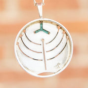 Vintage Israel 925 Turquoise Menorah Pendant Necklace, Modernist Silver Cut Out Pendant, Disc Pendant With Prong Set Stone, 23" Long