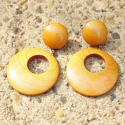 Vintage Mod Wooden Hoop Earrings, Dangle Stud Earrings, 1960's Style, Gogo Dancer, Natural Wood Earrings, Statement Piece, 2 1/2" Long