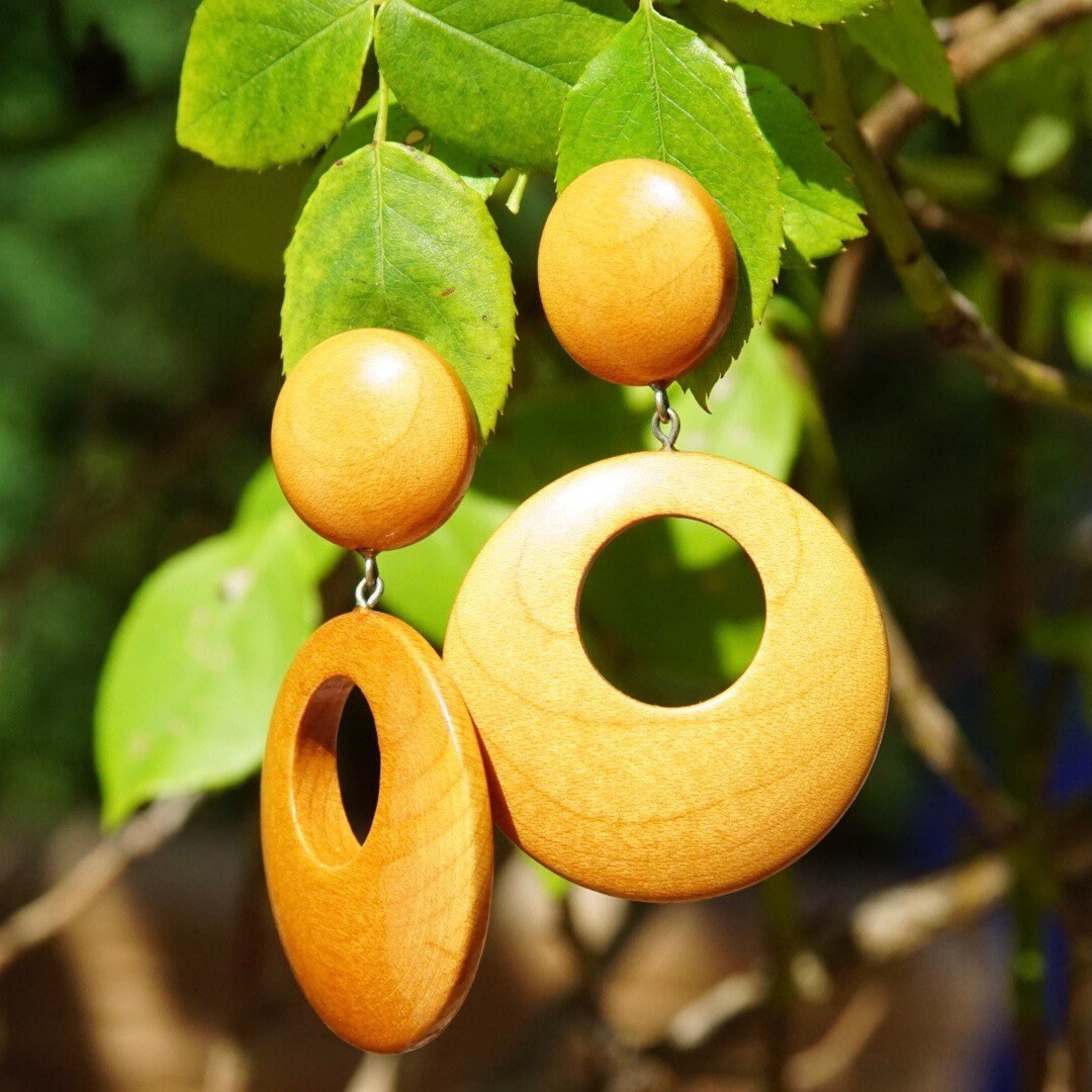 Vintage Mod Wooden Hoop Earrings, Dangle Stud Earrings, 1960's Style, Gogo Dancer, Natural Wood Earrings, Statement Piece, 2 1/2" Long