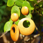 Vintage Mod Wooden Hoop Earrings, Dangle Stud Earrings, 1960's Style, Gogo Dancer, Natural Wood Earrings, Statement Piece, 2 1/2" Long